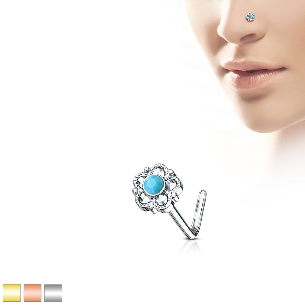 20G Flower Turquoise Surgical Steel L Bend Nose Stud Ring